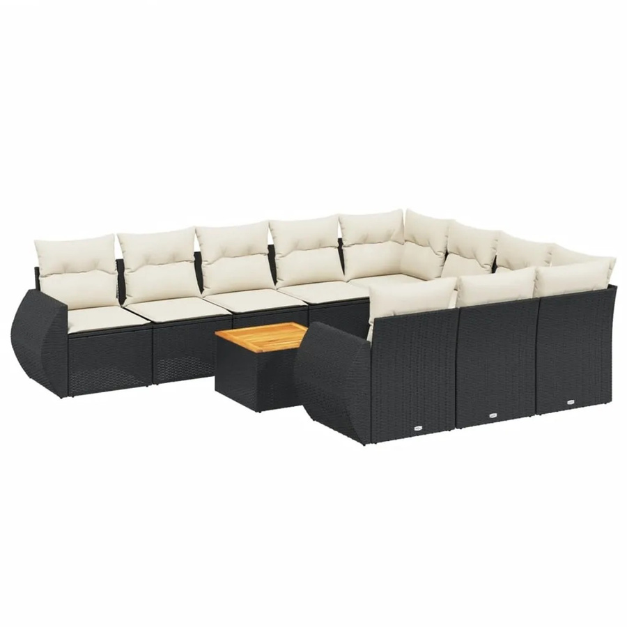 vidaXL 11-teilige Garten-Sofagarnitur in L-Form aus Polyrattan und Akazienholz mit Kissen in Schwarz-Creme - Bild 2