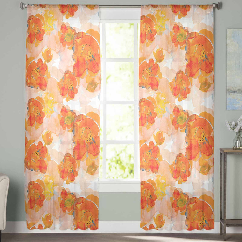 Super Six Chiffon-Fenstervorhang mit handgemaltem orangefarbenem Aquarell-Blumenmuster, transparent, B: 135 cm, H: 160 cm - Bild 2
