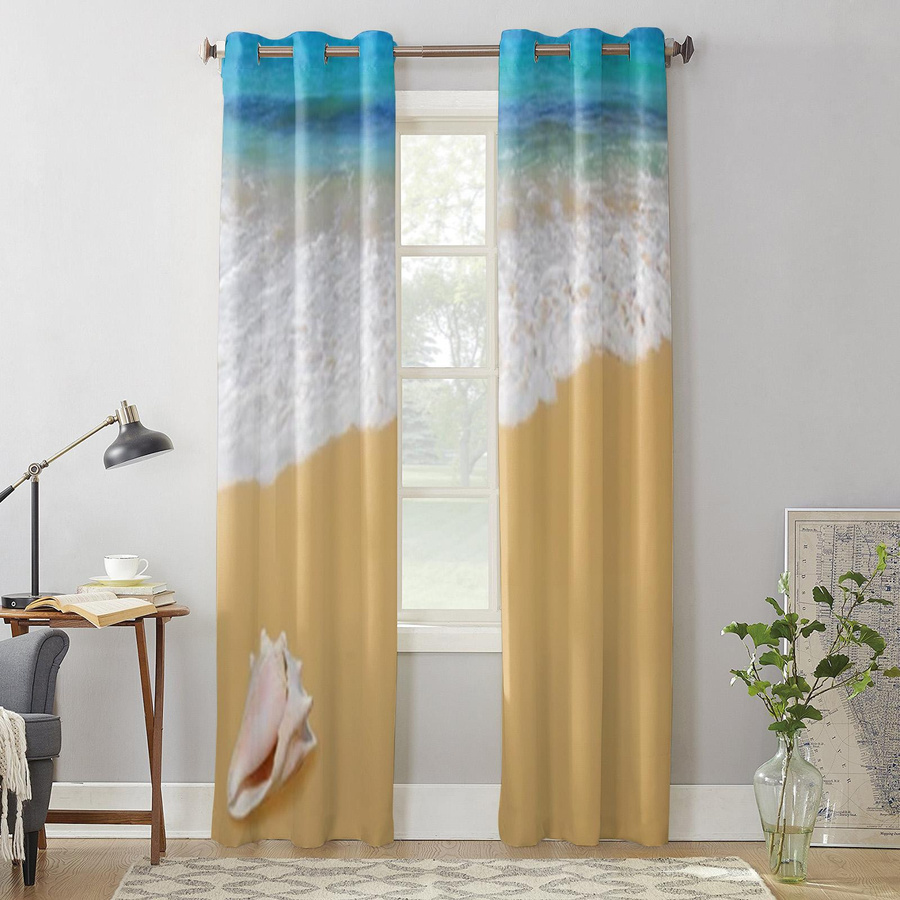 Halbtransparente Stoffvorhänge mit Ozean und Sandstrand Motiv für Wohnzimmer und Schlafzimmer, Breite: 135 cm, Höhe: 60 cm - Bild 1