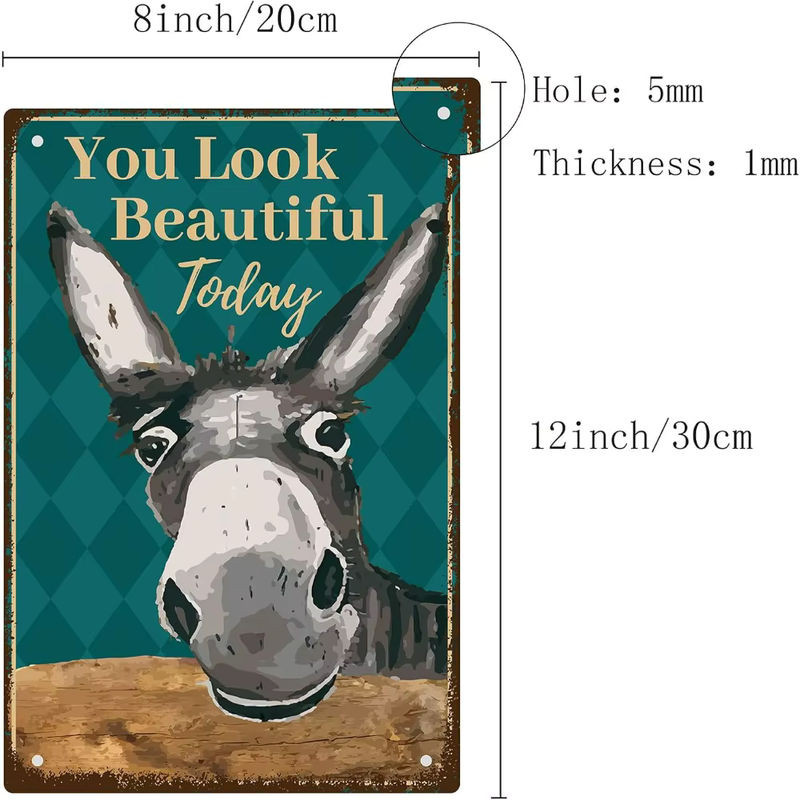 Vintage Blechschild You Look Beautiful Today mit Esel Motiv, mehrfarbiges Metallschild zur Wanddekoration für Garage und Küche - Bild 1