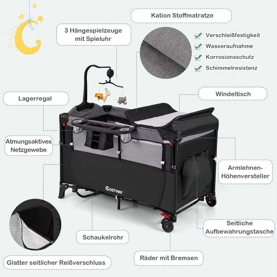 GOFLAME 5-in-1 Reisebett für Babys in Grau mit Matratze, Wickelunterlage, Spielzeug, Spieluhr und Tragetasche, B/B: 120 x 60 cm - Bild 3