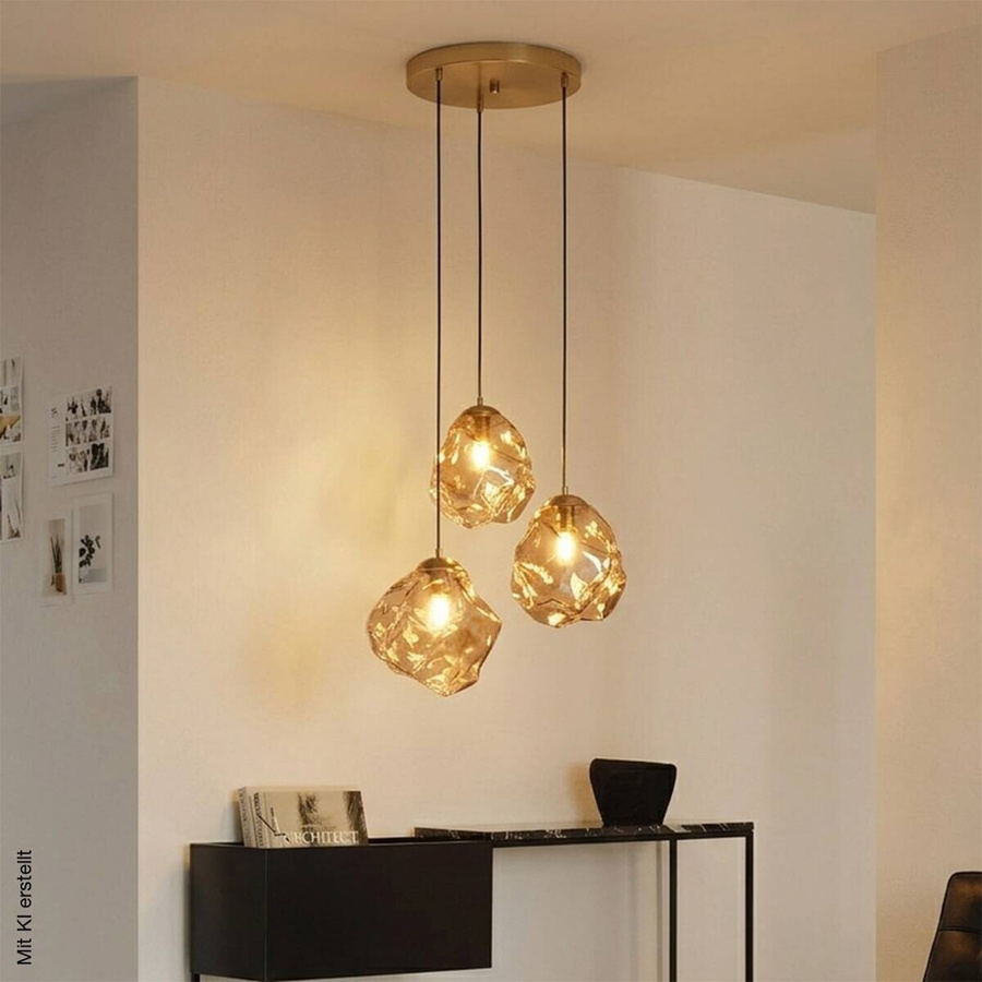 Lamkur Pendelleuchte in Weiß und Amber aus Glas und Metall mit 3 E14 Fassungen, B/T/H: 47 x 47 x 120 cm - Bild 2