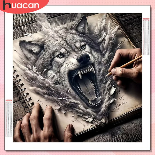 HUACAN Diamant-Gemälde Wolf in Schwarz und Weiß als modernes Mosaik mit runden Bohrern zur Wanddekoration - Bild 1
