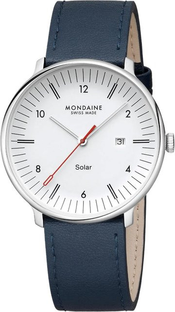 Mondaine Herrenuhr Solar, Edelstahl, 41 mm, Leder, Weiß, 5 ATM - Bild 1