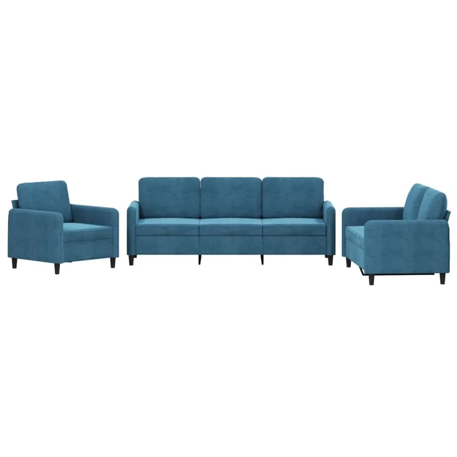 vidaXL Sofagarnitur 3-teilig aus Samt in Blau mit Sessel, 2-Sitzer-Sofa, 3-Sitzer-Sofa und 6 Kissen - Bild 2