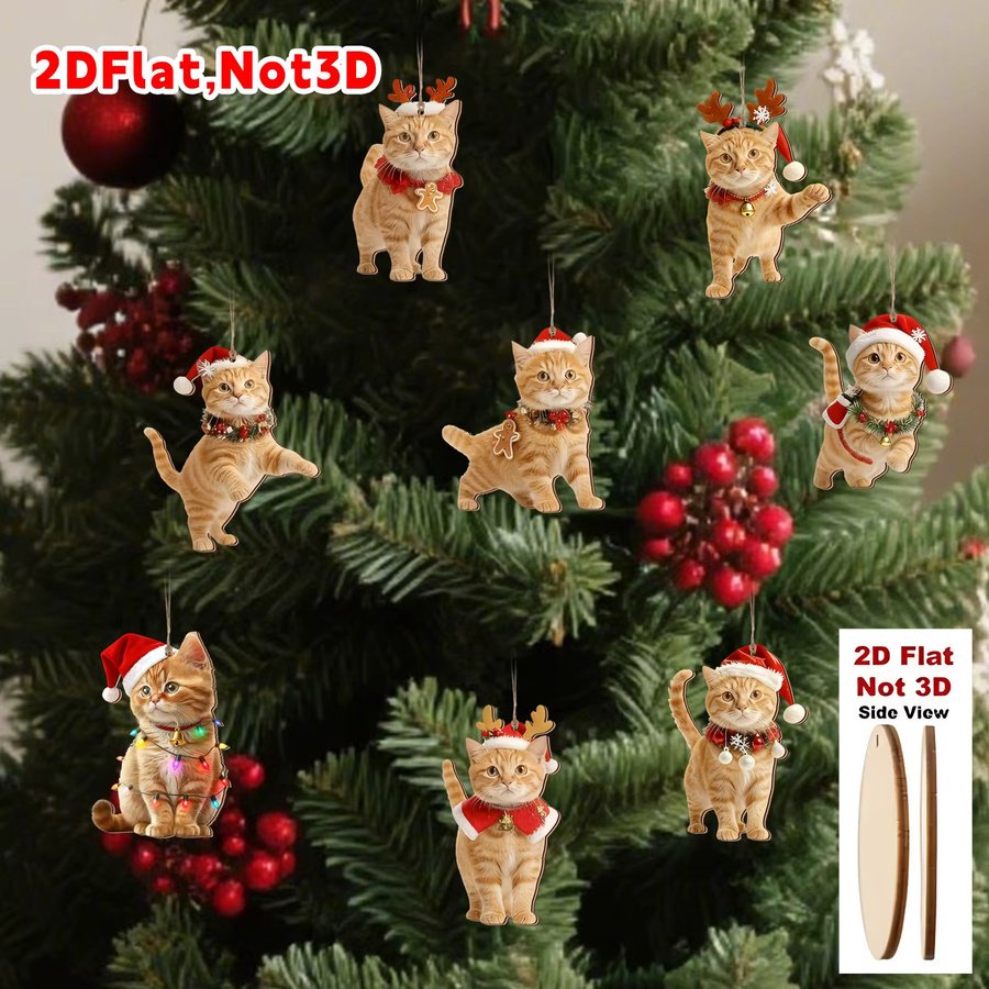8 Stück DUTRIEUX Weihnachts-Holzornamente in Form von orangefarbenen Katzen, 2D flach im klassischen Stil - Bild 5