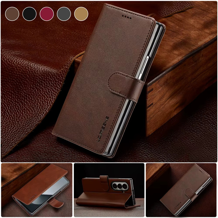 SZMUGUA Wallet Case mit Kartenhalter aus PU Leder für Samsung Galaxy Z Fold 7 6 5 4 3 5G in Gelb und Braun - Bild 2