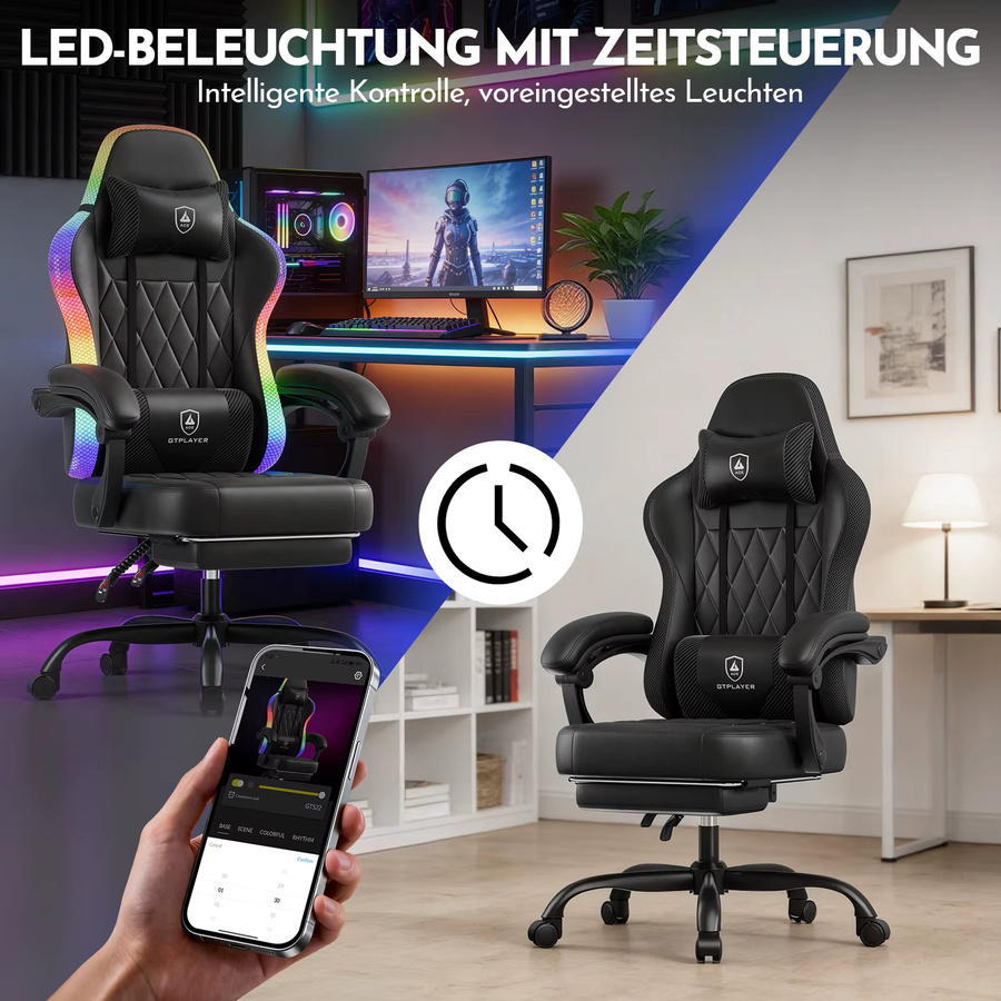 GTPLAYER Gaming Stuhl in Schwarz mit LED-Lichtleiste, ergonomischer Gamer Bürostuhl aus Kunstleder mit Kopfstütze und Aufbewahrungstasche - Bild 2