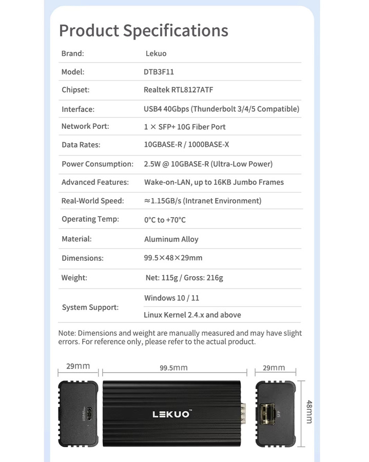 Lekuo 10G SFP+ USB4 Netzwerkkarte mit Realtek RTL8127ATF Chip, Thunderbolt 3/4/5 kompatibel, Schwarz, für NAS und Workstation - Bild 3