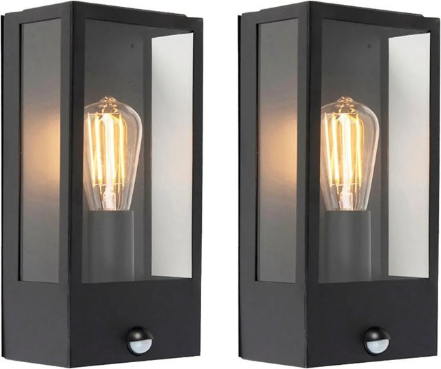 QAZQA Rotterdam Set mit 2 Außenwandlampen in Schwarz aus Edelstahl und Glas mit Bewegungsmelder und IP44 Schutz - Bild 1