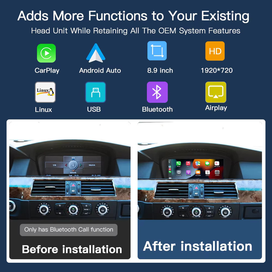 8,8 Zoll Multimedia Radio für BMW 3er und 5er Serie E90 E91 E60 E61 (2005-2010) mit drahtlosem Apple CarPlay, Android Auto und Linux Player in Schwarz - Bild 3