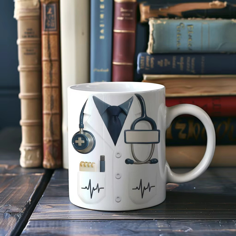 Personalisierte Kaffeetasse mit 3D-Stethoskop und Herzschlagmuster von Light Magic in Weiß aus Keramik - Bild 6