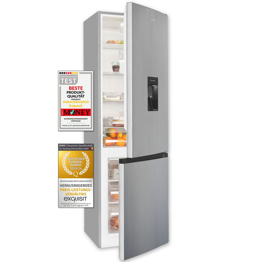 Exquisit Kühl-Gefrierkombination KGC265-70-WS-040E in Silver Inoxlook, freistehend mit LED-Innenbeleuchtung und Türöffnungssignal - Bild 1