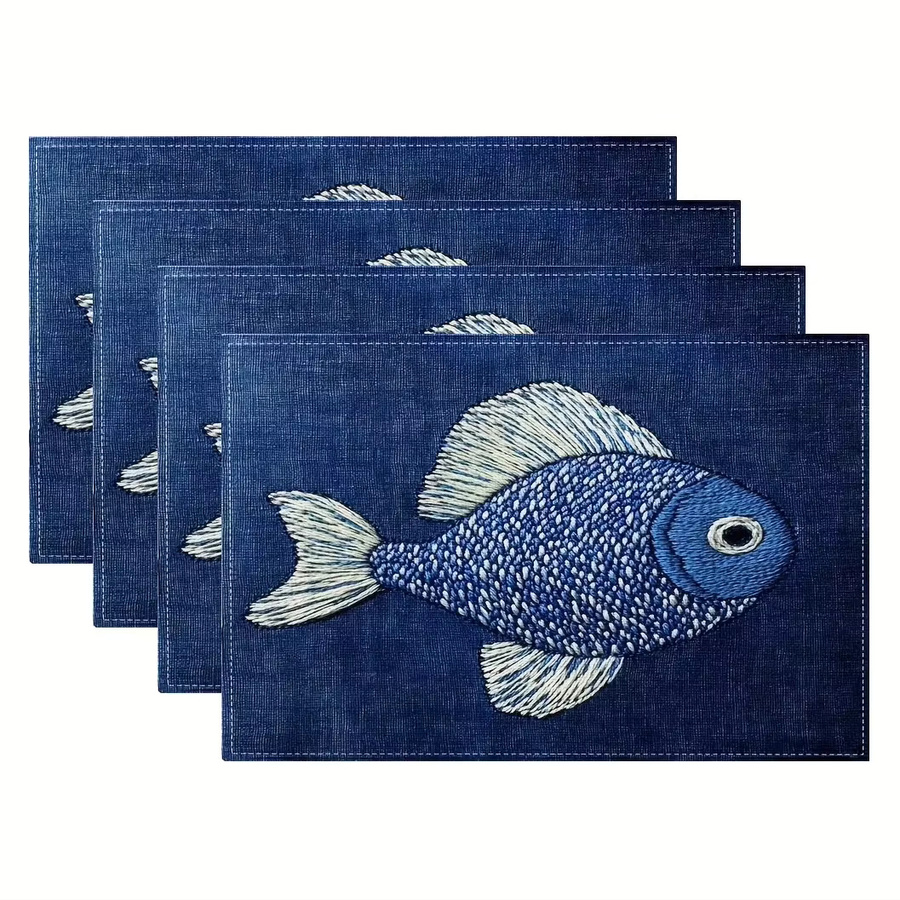 VIKAMA 4-teiliges Tischset im Ozean-Stil mit blauem Fisch-Motiv, wasserdicht und leicht zu reinigen, B/T: 40 x 30 cm - Bild 2