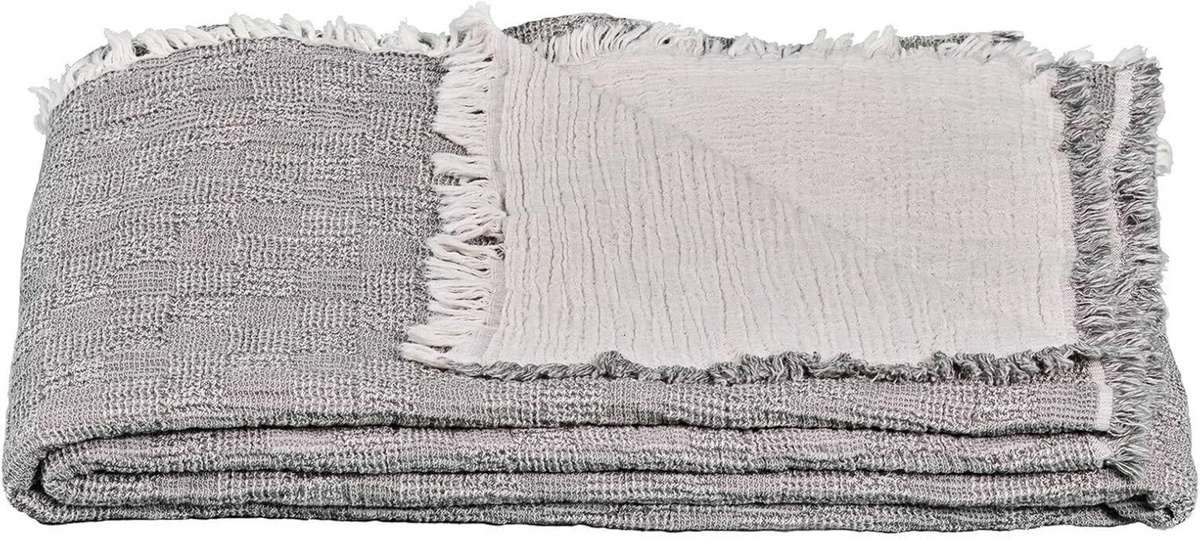 Starhome Musselin Baumwolle Kuscheldecke mit Fransen in Grau und Beige, B/T: 140 x 200 cm - Bild 1