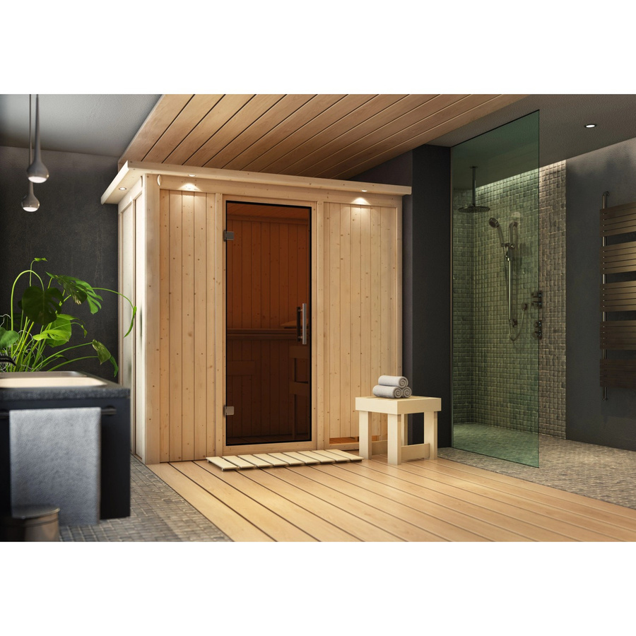 Karibu Sauna Vera mit LED-Dachkranz aus Fichte und Espenholz in Braun, B/T/H: 210 x 132 x 202 cm - Bild 2