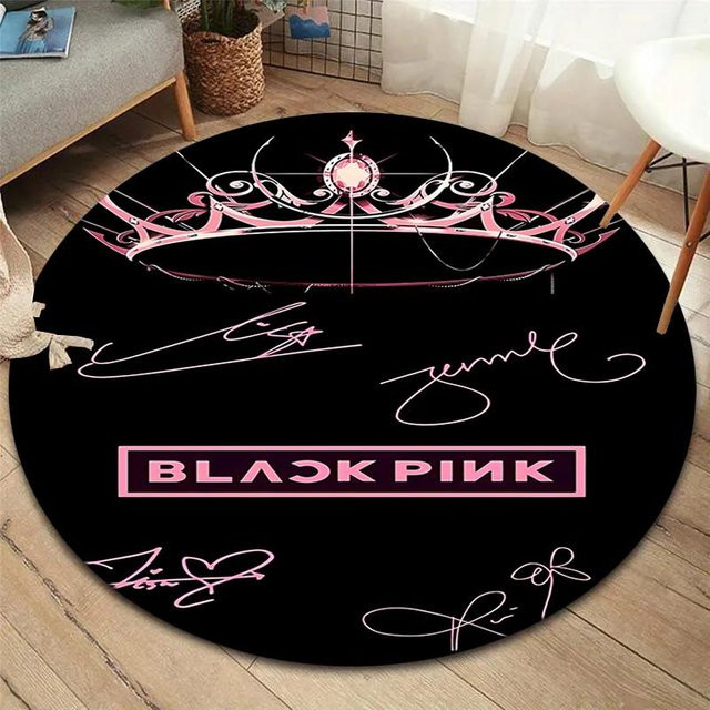 Runder Blackpink Teppich in Schwarz, rutschfeste und waschbare Fußmatte aus Polyester für Wohnzimmer, Schlafzimmer oder Spielzimmer, Durchmesser: 80 cm - Bild 1
