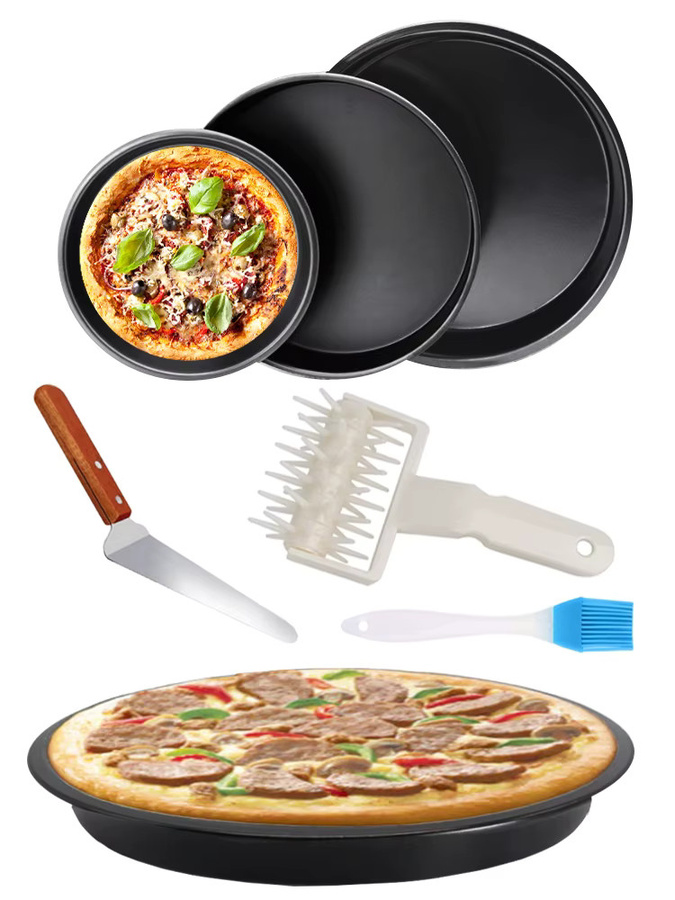 ZYF Pizza-Backform aus Kohlenstoffstahl mit Ölpinsel, rund, antihaftbeschichtet, Schwarz - Bild 5