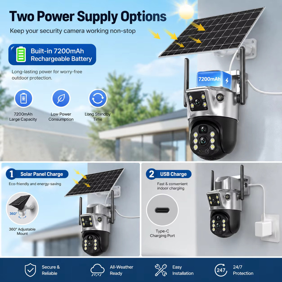 MvpSecam 8MP Dual-Objektiv Solar-WLAN-Überwachungskamera für den Außenbereich mit PTZ, 5G/2.4G Dual-Band WLAN, PIR-Bewegungserkennung und Zwei-Wege-Audio, IP66 Wasserdicht - Bild 6
