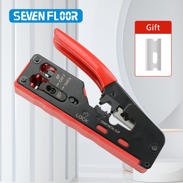Seven Floor Cat7 RJ45 Crimpzange mit Schneid- und Abisolierfunktion für Ethernet-Kabel Cat7/6a/6/5e inklusive Ersatzklingen in Gelb und Rot - Bild 1