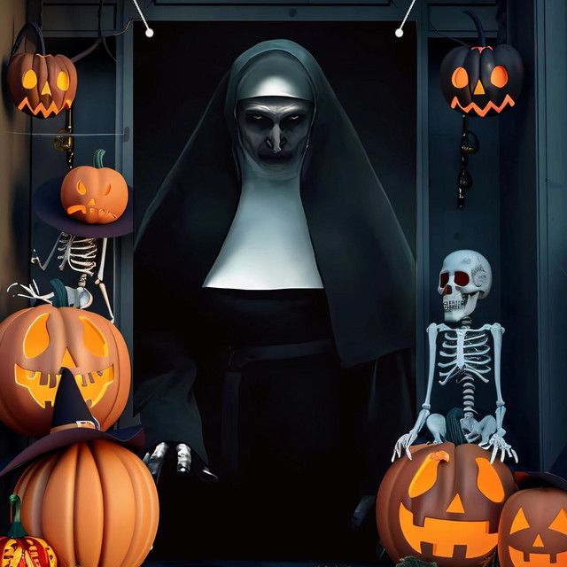 VIKAMA Halloween Türbanner Nonne und Geist als hängender Hintergrund in Schwarz - Bild 1