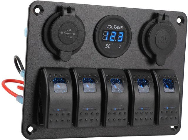 VehicleKit Schalttafel mit 5 Wippschaltern aus Aluminiumlegierung in Schwarz, DC 12 bis 24 V, IP65 wasserbeständig und vorverdrahtet mit USB-A Anschluss - Bild 1