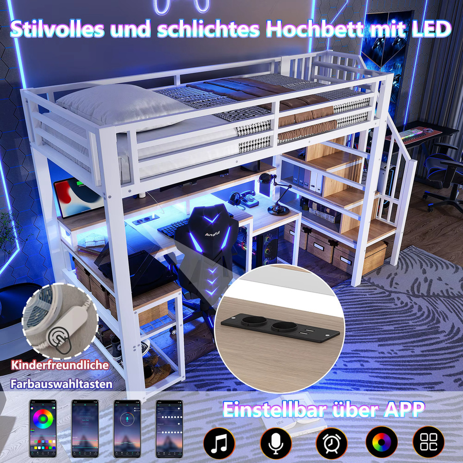 MODFU Hochbett Einzelbett aus Metall mit Schreibtisch, USB, LED-Beleuchtung und Regalen, Farbe: Weiß, B/T/H: 90 x 200 cm - Bild 5
