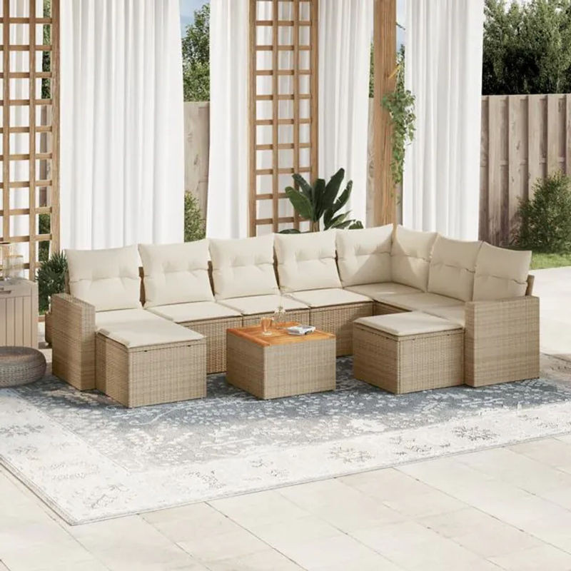 Vidaxl Gartenmöbel-Set aus Polyrattan und Akazie mit Kissen, 10-teilig, Beige - Bild 1