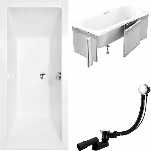 KOLMAN Badewanne Rechteck aus Acryl in Weiß mit Styroporverkleidung, Ablauf und Füßen, B/T: 175 x 80 cm - Bild 1