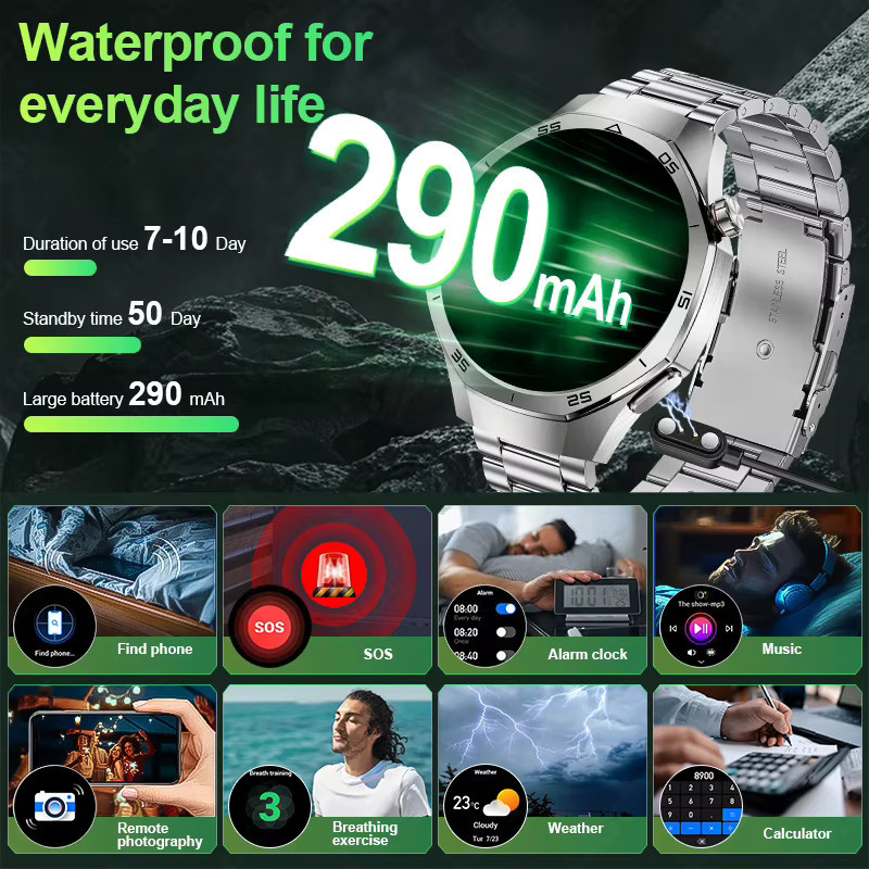 LIGE Smartwatch, Herren, Schwarz, Edelstahl, Silikon, 1,53 Zoll - Bild 5