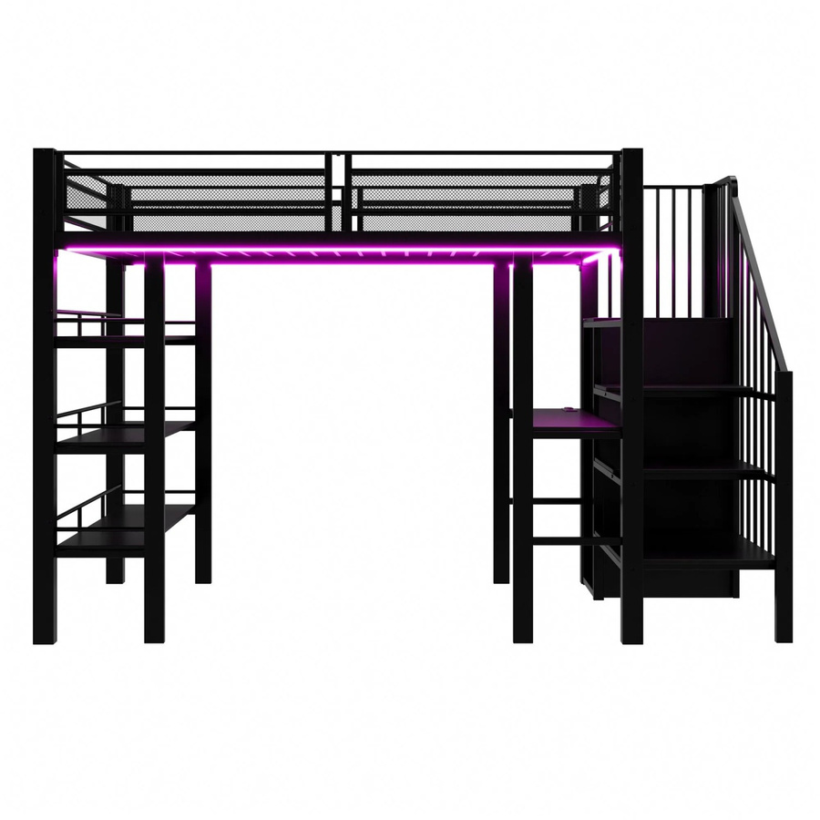 Merax Hochbett für Erwachsene aus Metall und MDF in Schwarz mit LED-Unterbettbeleuchtung, USB-Ladeport und Treppe, B/T/H: 90 x 200 x 178,5 cm - Bild 2