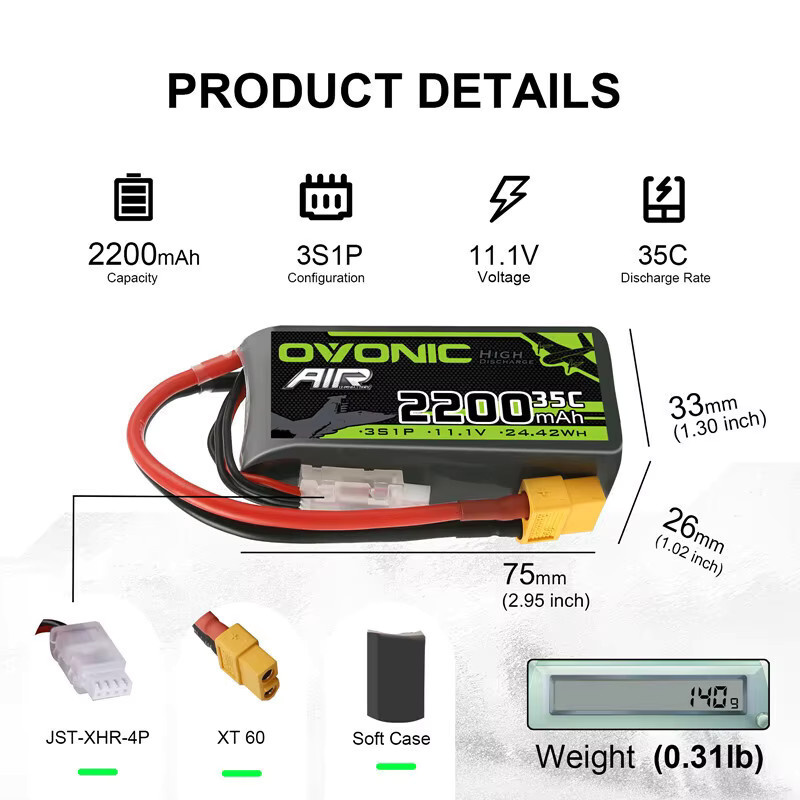 Ovonic Lipo-Batterie 3S 11,1V 2200mAh 35C mit XT60-Stecker in Schwarz für RC-Helikopter, Quadcopter und FPV-Renndrohnen - Bild 2