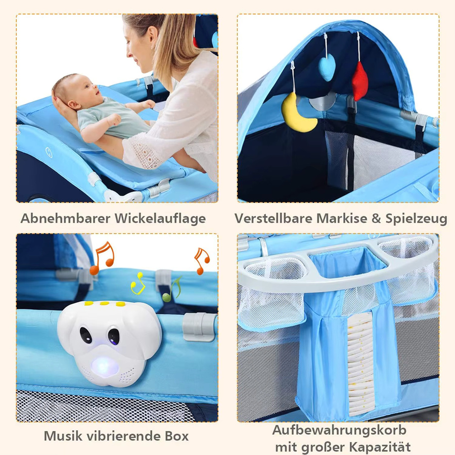 GOFLAME 4-in-1 Reisebett mit Schaukelfunktion, Babywiege, Wickeltisch und Laufstall inklusive Musikbox und Spielbogen in Blau - Bild 4