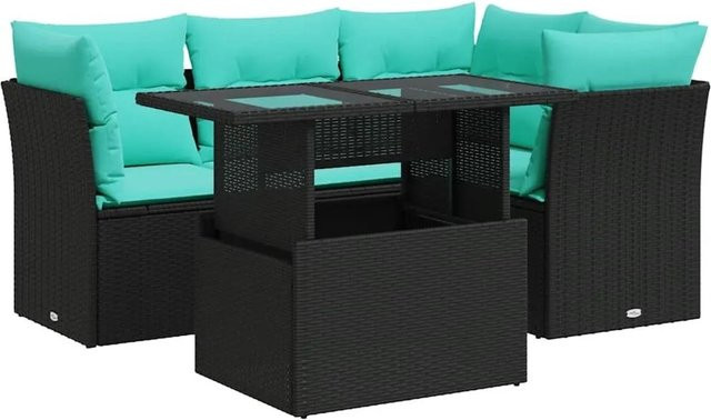 vidaXL 5-teilige Garten-Sofagarnitur in L-Form aus Polyrattan und Akazie mit Kissen in Schwarz - Bild 1