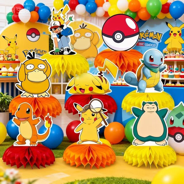 Potdemiel Pikachu Pokemon Waben-Tischdeko Gelb aus Papier für Kinder Geburtstagsdeko - Bild 1