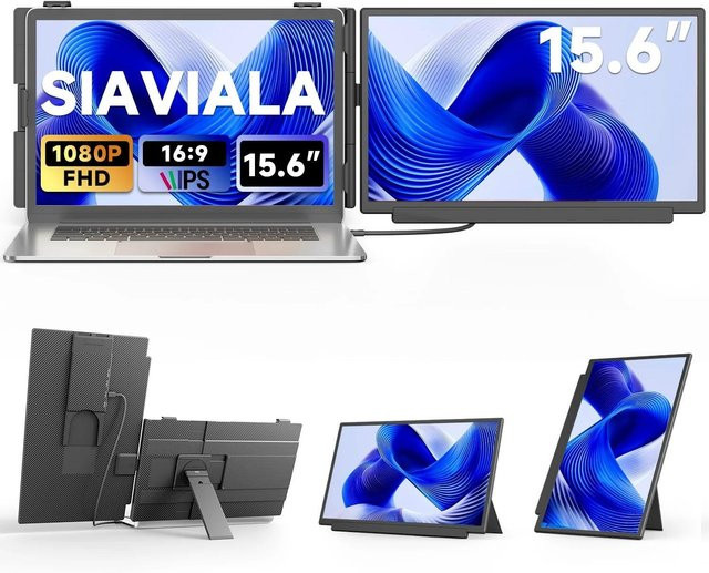 Siaviala M5 Tragbarer Dual-Monitor 15,6 Zoll Full HD 60Hz mit Kevlar-Gehäuse und abnehmbarem 2-in-1-Ständer in Schwarz - Bild 1