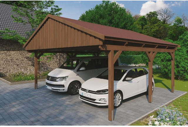 Skan Holz Carport Fichtelberg aus Fichte in Nussbaum Braun mit spitzer Dachform und Dachschindeln, B/T: 618 x 566 cm, Höhe: 362 cm - Bild 1