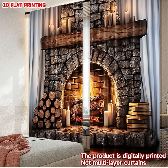 2er-Set Weihnachts-Vorhänge aus Polyester mit Kamin- und Kerzenmotiv in Multicolour - Bild 1