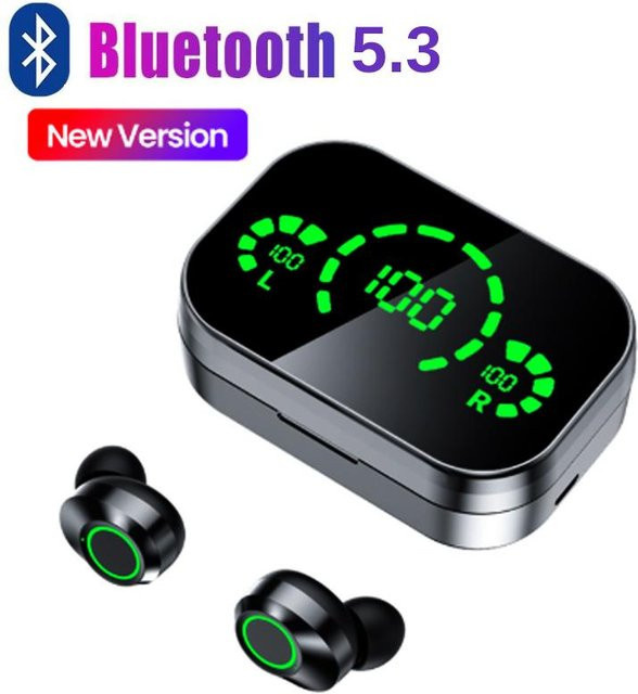 9D Mirror TWS Bluetooth 5.3 In-Ear Kopfhörer mit Smart Digital Display, HiFi Sound und Low Latency für Gaming und Sport, schwarz - Bild 1