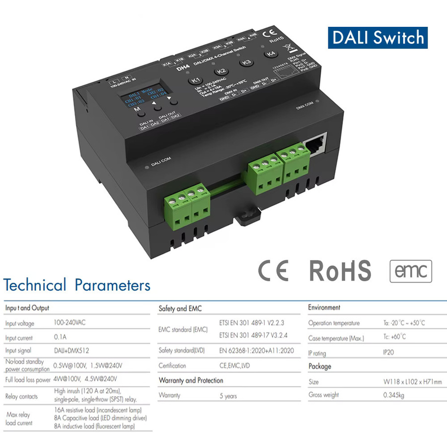 CENFAYA DALI DMX-Schalter mit OLED-Display, 4 Kanäle, 16 A, Trockenkontakt-Ausgang, 4 DALI-Adressen, DMX-RDM, DIN-Schiene, Schwarz - Bild 2
