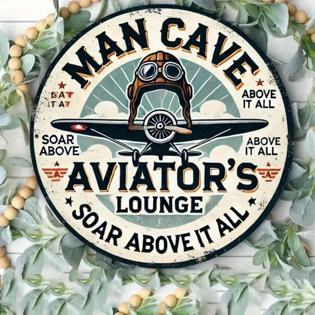 Vintage Wandschild aus Eisen von Potdemiel mit Pilot- und Doppeldecker-Design für deine Man Cave oder Pilot's Lounge, B/H: 20,3 x 20,3 cm - Bild 1