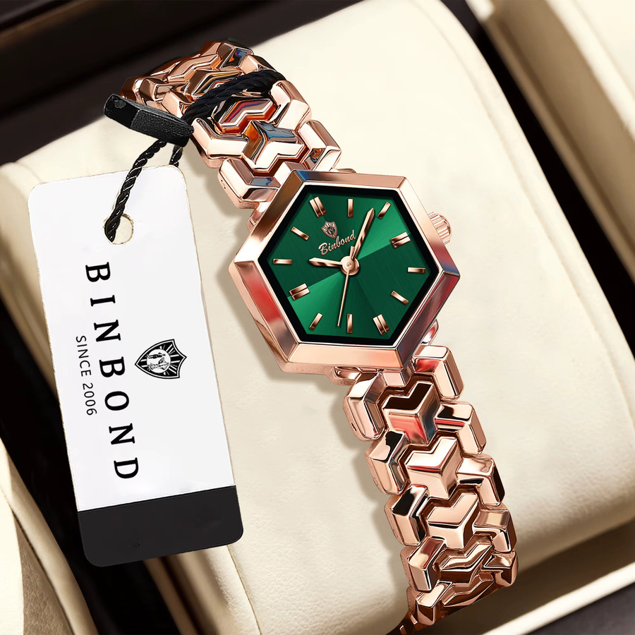 BINBOND Armbanduhr Quarz, Edelstahl, Roségold, Grün, Eckig, Damen - Bild 2