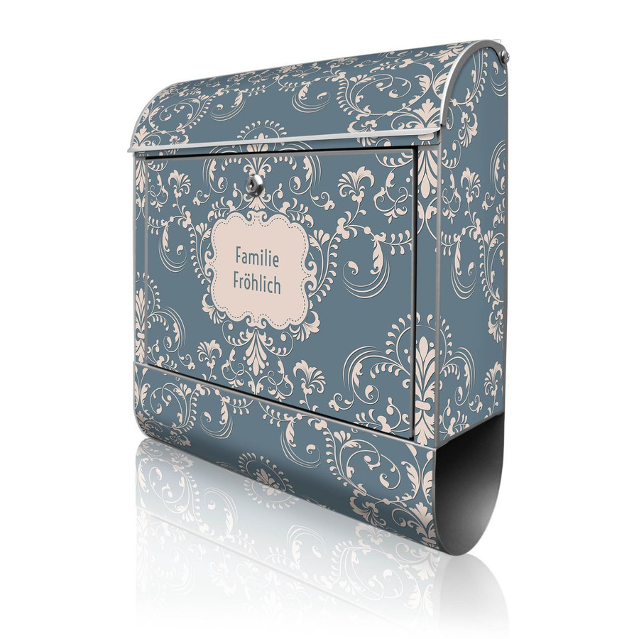 banjado Wandbriefkasten Silber mit Motiv Royal Creme Blau, groß, mit Zeitungsfach, B/H/T: 38 x 47 x 13 cm - Bild 1