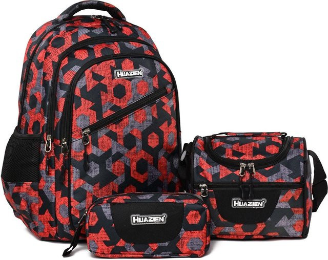 Fancy Style Studio 3er Set Schultaschen für Mädchen mit geometrischem Graffiti Aufdruck in Lila und Multicolour inklusive Rucksack, Brottasche und Federmäppchen - Bild 1