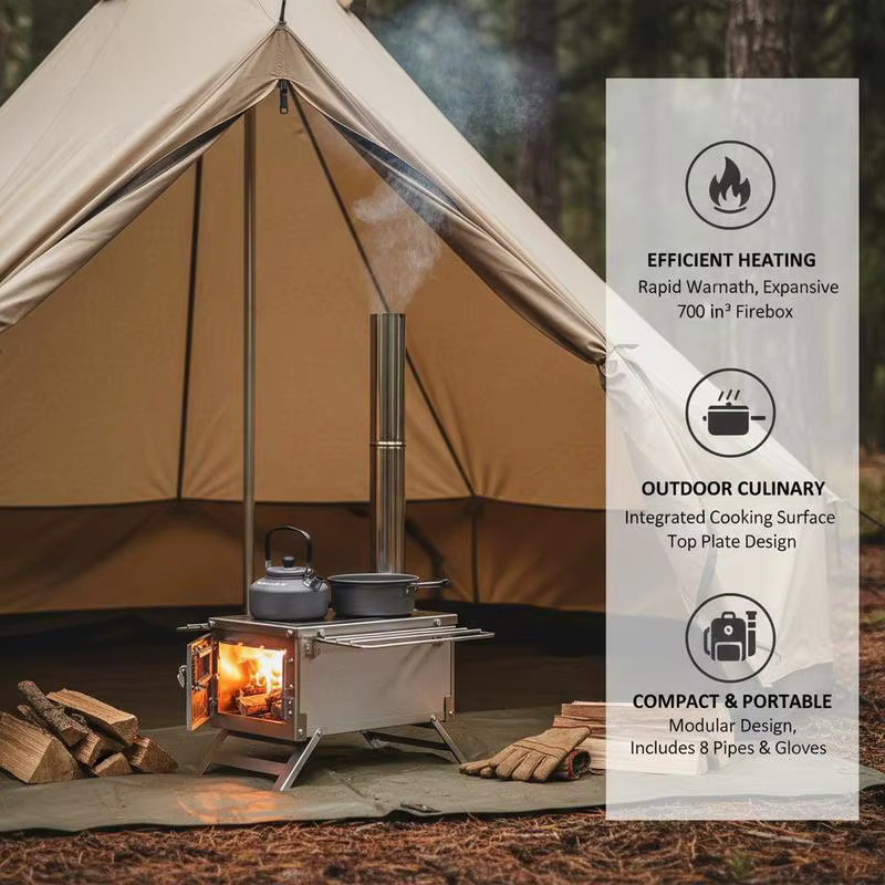 Tragbarer Edelstahl Campingofen für Outdoor-Kochen und Heizen in Schwarz und Silber mit Kaminrohren und Handschuhen - Bild 4
