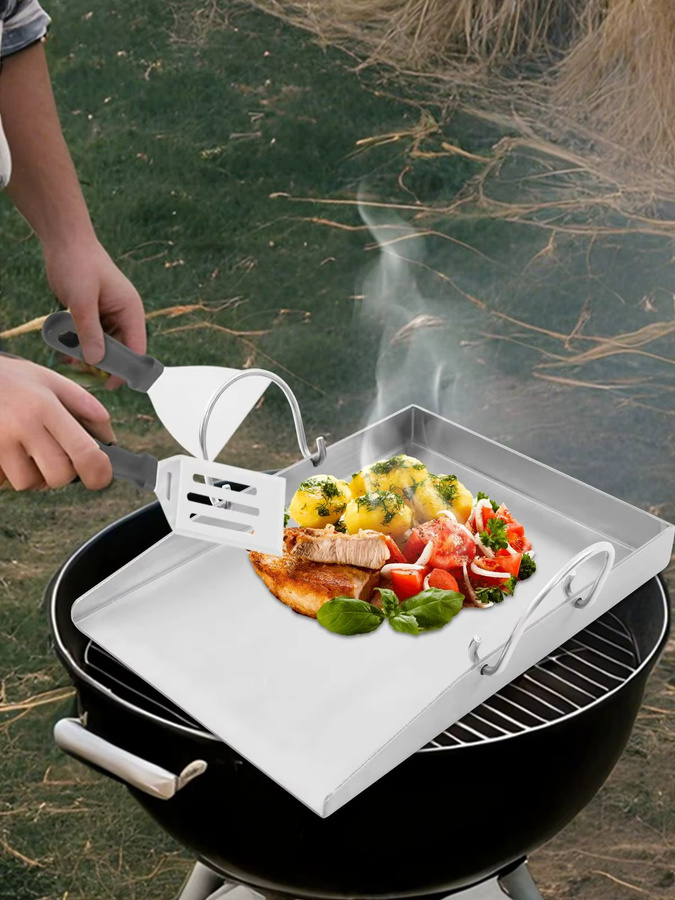 Bymaocar Edelstahl Grillplatte mit Griffen für Gasgrills und Holzkohlegrills, Silber - Bild 4