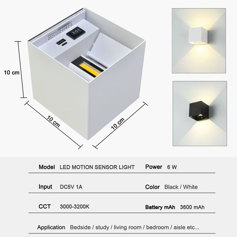 Litu LED Intelligente Bewegungssensor-Wandleuchte 6W mit Akku und USB-Ladefunktion in Schwarz und Weiß, Warmweißes Licht für Schlafzimmer und Flur - Bild 4