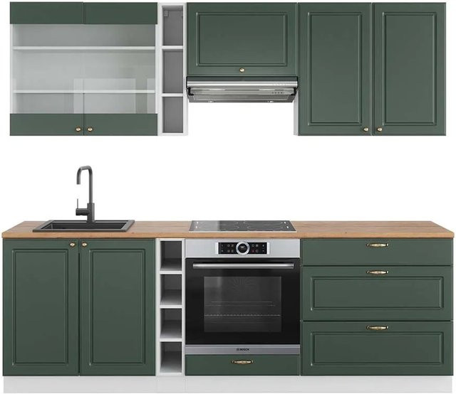 Vicco Fame-Line Küchenzeile Landhausstil in Grün-Gold und Weiß mit Eiche-Optik, B/H/T: 235 x 82 x 60 cm - Bild 1
