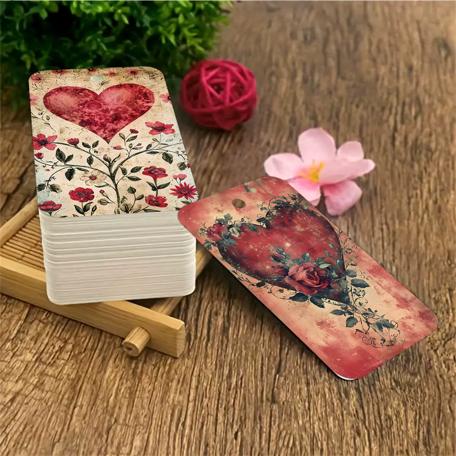 50 Stück Retro-Hängeetiketten aus Papier mit rotem Herz- und Blumenmotiv für Valentinstag, Hochzeit oder Geburtstag - Bild 4