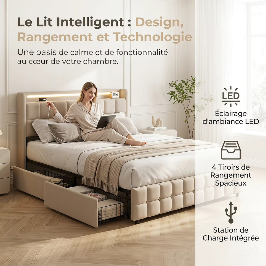 Anajqaqia Gepolstertes Doppelbett mit 4 Rollschubladen und Kopfteil in Beige, B/T: 180 x 200 cm - Bild 3